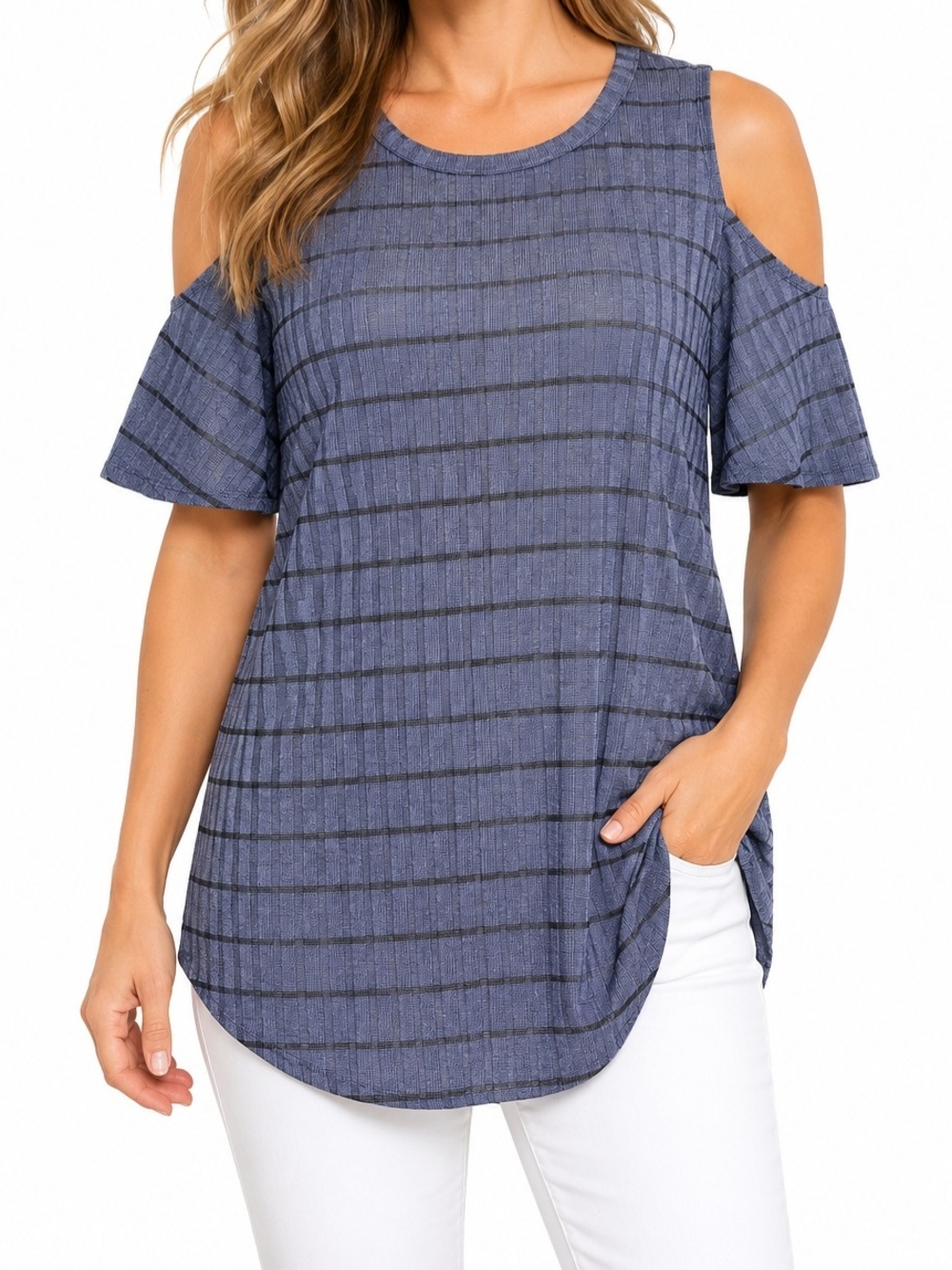 Cold-Shoulder Striped Blue Top